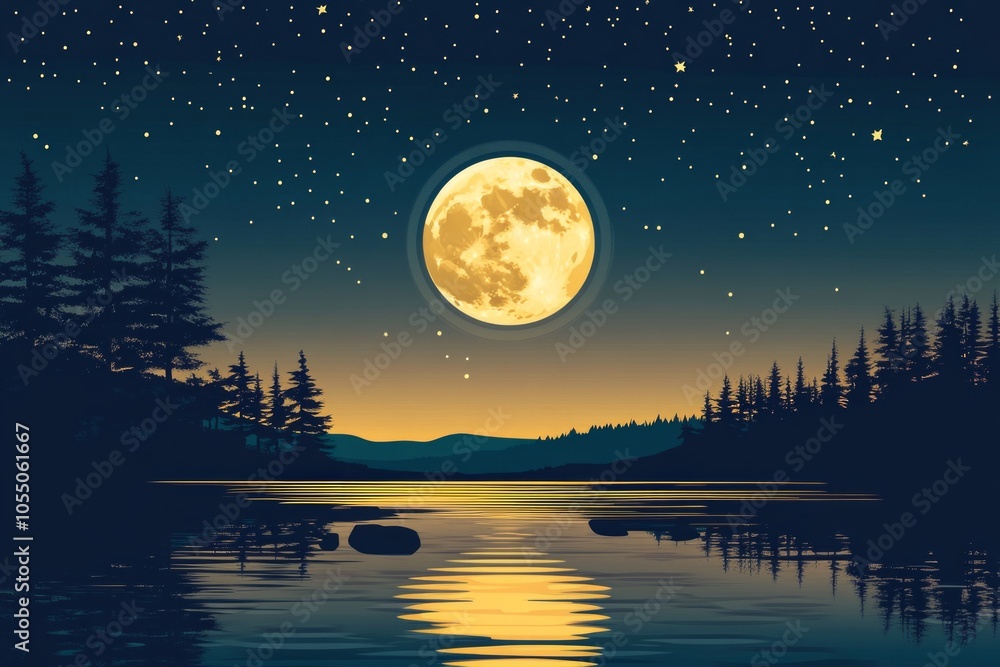 Naklejka premium Serene Moonlight Lake Scene