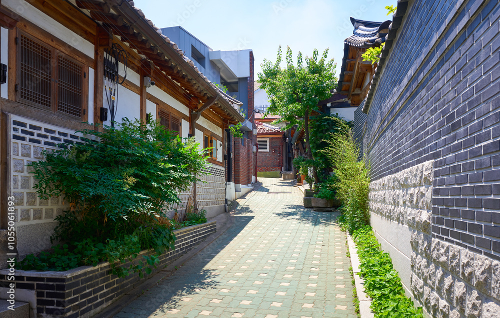 Traditional korean alley showing bukchon hanok village in seoul, south korea