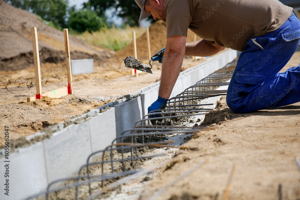 Close up of a bricklayer worker making cement mortar on a wall block Close up of a bricklayer worker making cement mortar on a wall block