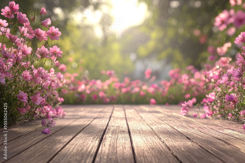 The wooden floor is surrounded by pink flowers, creating an outdoor scene with a blurred background. The wooden floor is surrounded by pink flowers, creating an outdoor scene with a blurred background.