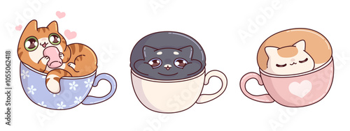 Cute cat in coffee cup cartoon illustration. Funny kitty print design for cafe on Valentine. Adorable and kawaii animal love tea mug in morning. Happy pet smile face with heart isolated japanese draw