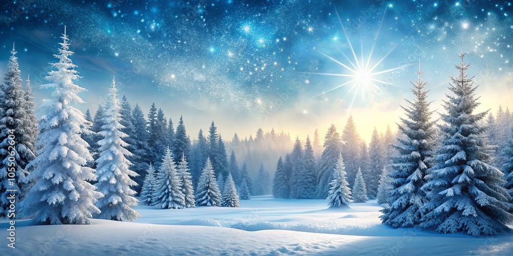 A serene winter landscape with snow-covered trees bathed in the golden light of a rising sun and a starry sky A serene winter landscape with snow-covered trees bathed in the golden light of a rising sun and a starry sky