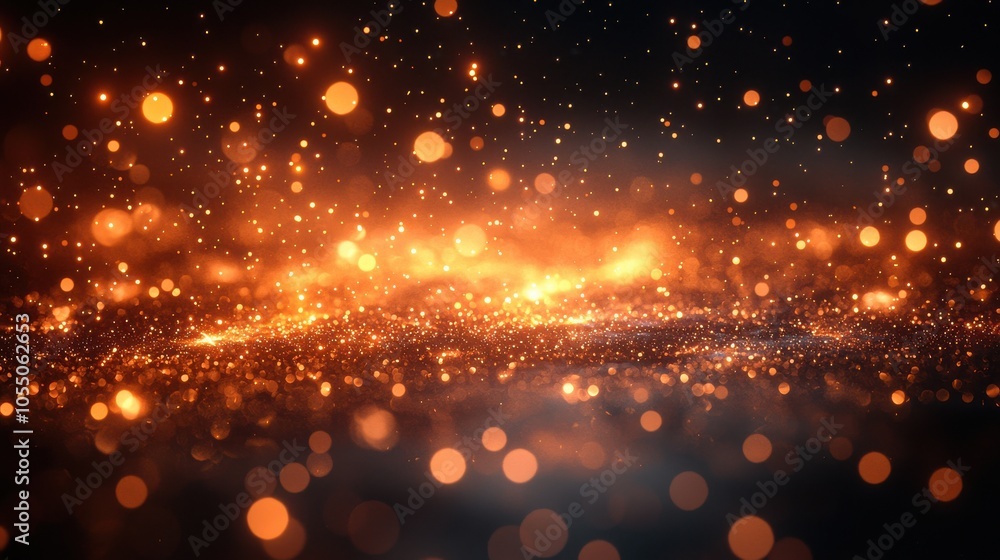 Obraz premium A mesmerizing display of golden particles floating in a dark space during an evening glow event, showcasing light and texture dynamics
