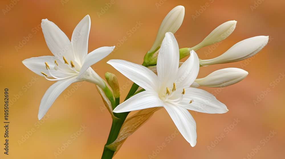 Fototapeta premium A close-up shot of two white lilies in bloom against a soft orange background.