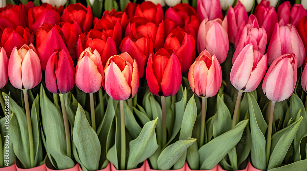 A close-up view of a row of red and pink tulips with green leaves. A close-up view of a row of red and pink tulips with green leaves.