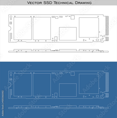  SSD NVMe m.2 vector Solid State Drive pcie technical drawings line blueprint isolated on transparent background
