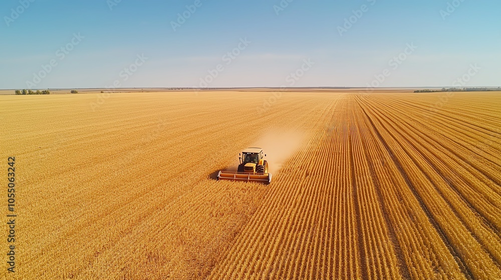 Fototapeta premium Aerial view of a tractor harvesting crops in a vast golden field under a clear blue sky.