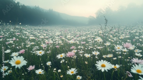 A beautiful day with a meadow full of pink and white spring daisies photo