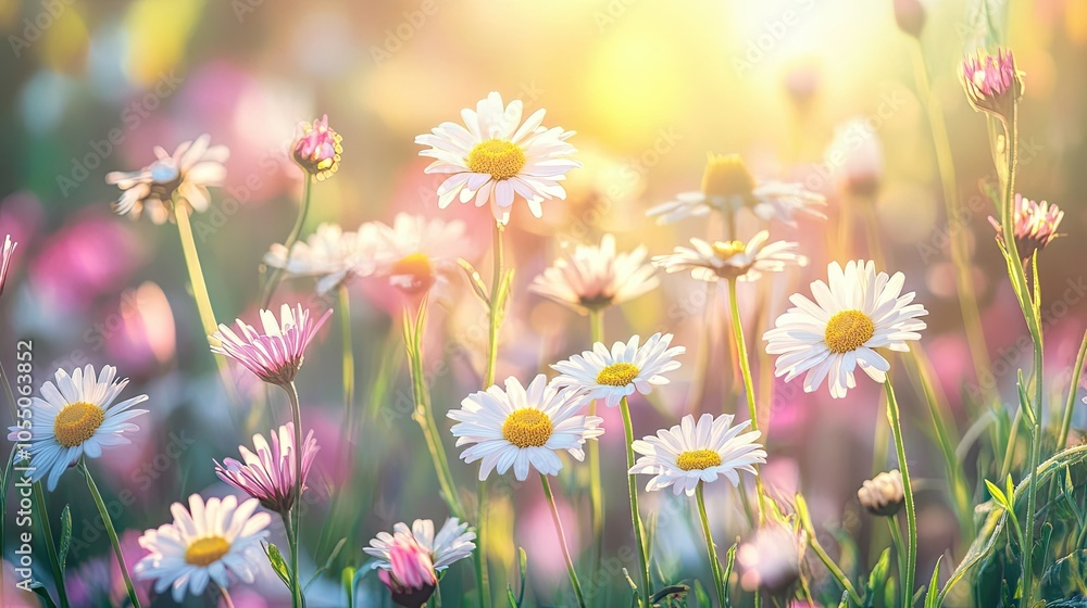A beautiful day with a meadow full of pink and white spring daisies A beautiful day with a meadow full of pink and white spring daisies