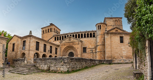 Architectural details of the romanesque Collegiate Church of Santillana or Colegiata de Santa Juliana in the medieval little town Santillana del Mar, Cantabria region in Northern Spain