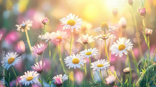 A beautiful day with a meadow full of pink and white spring daisies photo