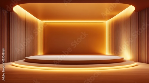 Minimalist Stage with Curved Walls and Golden Lighting