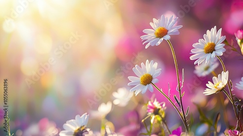 A beautiful day with a meadow full of pink and white spring daisies photo