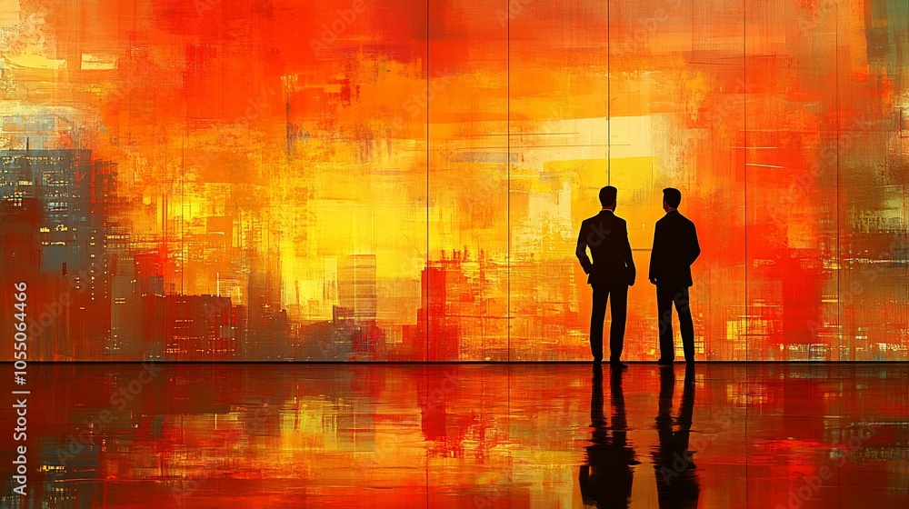 Two silhouettes stand before a vibrant abstract painting, reflecting on its colors and shapes. Two silhouettes stand before a vibrant abstract painting, reflecting on its colors and shapes.