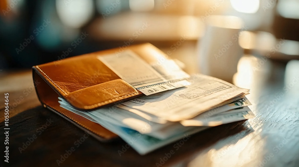 Wallet with Money and Receipts on Table