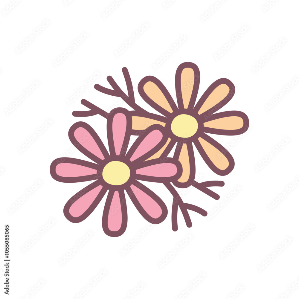Cute cosmea icon. Hand drawn illustration of flowers isolated on a white background. Vector 10 EPS. Cute cosmea icon. Hand drawn illustration of flowers isolated on a white background. Vector 10 EPS.