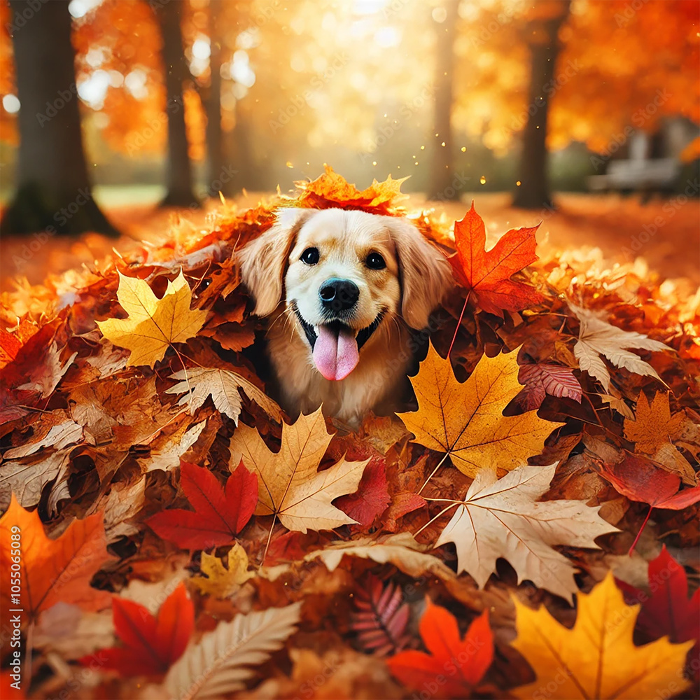 AI image of a golden retriever in a pile of autumn leaves AI image of a golden retriever in a pile of autumn leaves