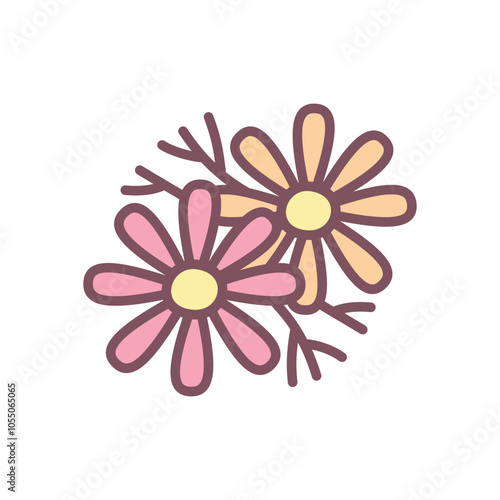 Cute cosmea icon. Hand drawn illustration of flowers isolated on a white background. Vector 10 EPS.