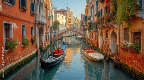 Serene Venetian canal with gondolas and charming architecture.