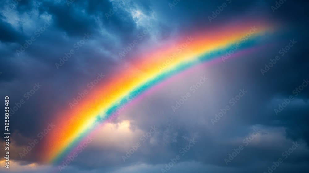 A vivid rainbow arches through a stormy grey sky, cutting through the rain and creating a stunning contrast between light and dark. rainbow after rain, dramatic sky A vivid rainbow arches through a stormy grey sky, cutting through the rain and creating a stunning contrast between light and dark. rainbow after rain, dramatic sky
