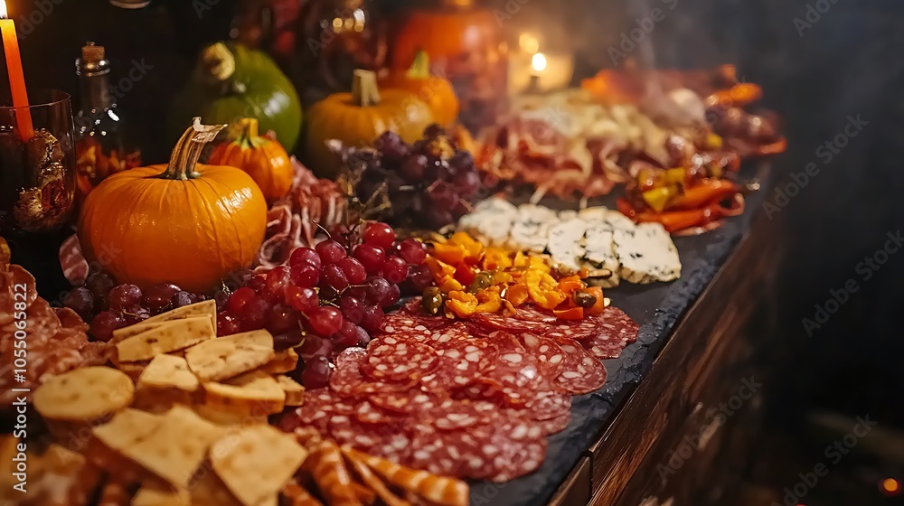 Halloween lively charcuterie board with Halloween-themed snacks Halloween lively charcuterie board with Halloween-themed snacks