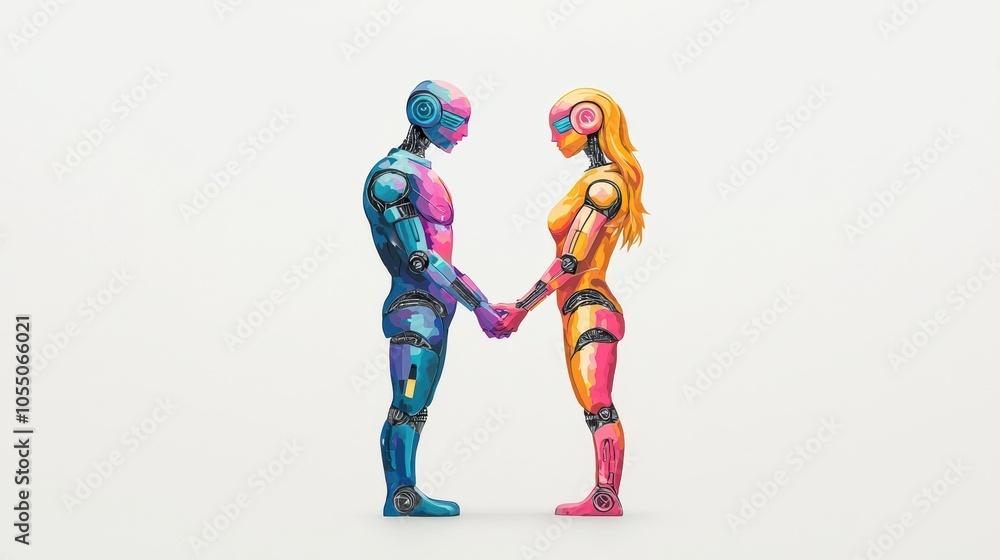 Robot couple holding hands, white isolate background Robot couple holding hands, white isolate background