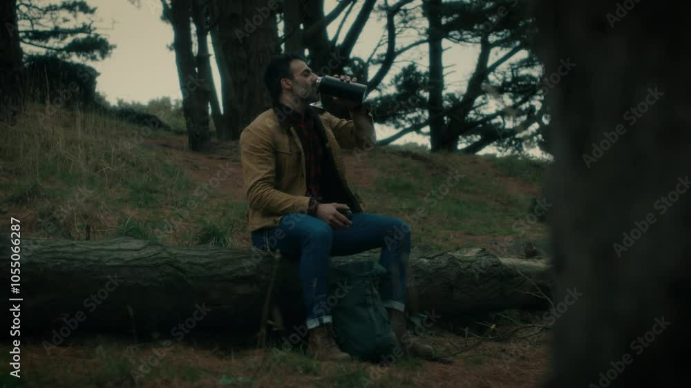 Man hiking, sits in the natural forest, drinking from a flask, looking around, nature. Trekking with a backpack walks through the forest. Man hiking, sits in the natural forest, drinking from a flask, looking around, nature. Trekking with a backpack walks through the forest.