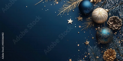 Holiday web banner with shimmering gold and blue baubles and glittering lights. Christmas advertising, promotional materials, holiday greetings, festive designs photo