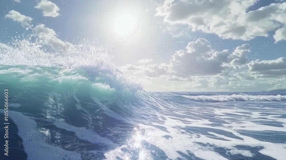 Ocean wave crashing under bright sunlight with blue sky and clouds. Summer beach and travel concept. Ocean wave crashing under bright sunlight with blue sky and clouds. Summer beach and travel concept.