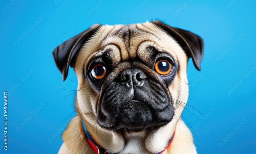 A cheerful pug with big eyes against a bright blue backdrop, embracing the spirit of Blue Monday A cheerful pug with big eyes against a bright blue backdrop, embracing the spirit of Blue Monday