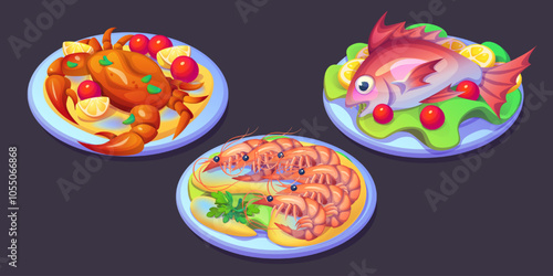 Plated seafood dishes served with colorful garnishes. Cooked crab adorned with lemon slices, tomatoes. Grilled fish decorated with lettuce, citrus. Fresh shrimp arranged with parsley, vegetables.