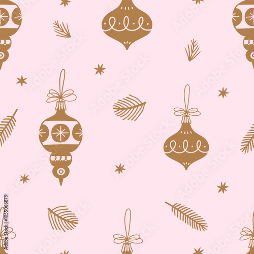 Christmas tree decorations seamless pattern. Festive background with vintage xmas baubles.