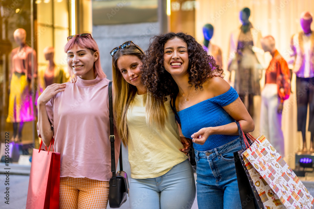 Three happy friends shopping in the mall Three happy friends shopping in the mall