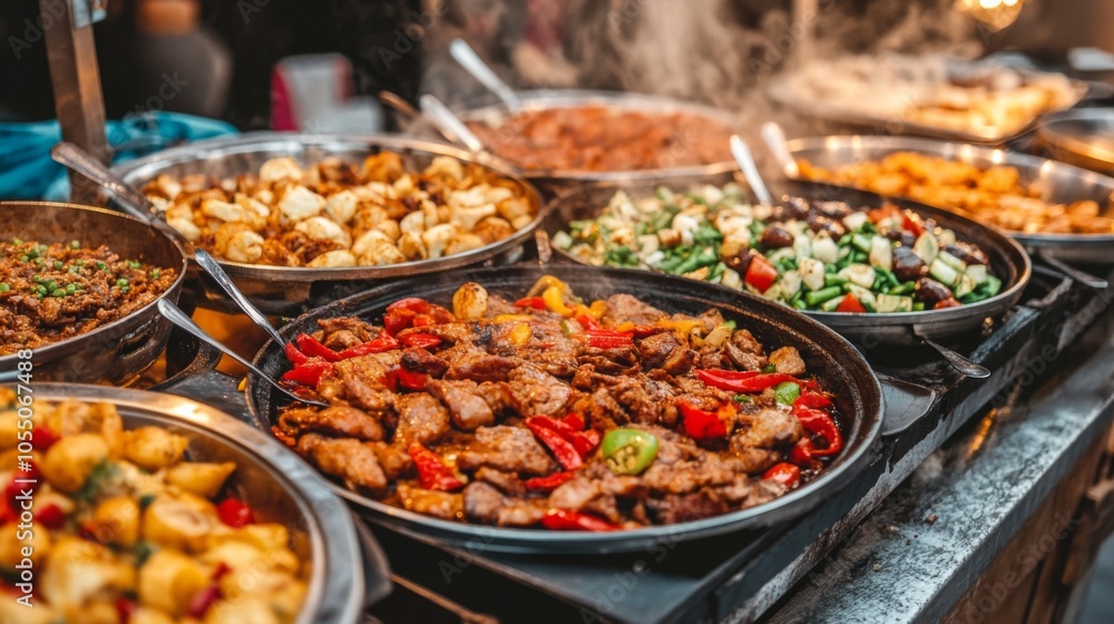 Sizzling Meat and Vegetables at Night Market Sizzling Meat and Vegetables at Night Market