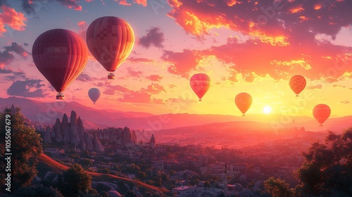 A serene sunset view featuring hot air balloons over a picturesque landscape.