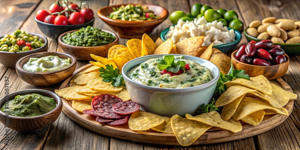 A Gathering of Flavors A Rustic Table Spread with Creamy Spinach Dip, Crunchy Chips, and an Array of Appetizers A Gathering of Flavors A Rustic Table Spread with Creamy Spinach Dip, Crunchy Chips, and an Array of Appetizers