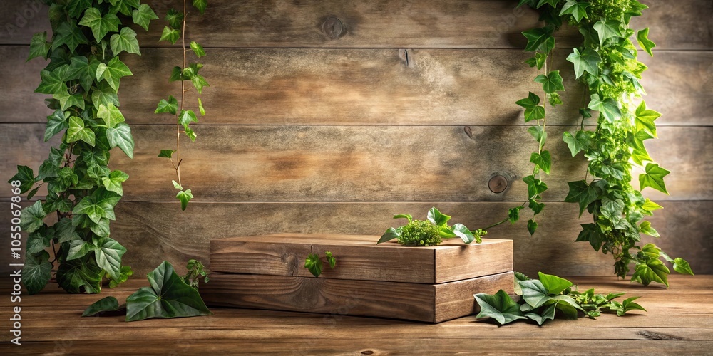 A rustic wooden platform with a leafy green vine backdrop, creating a natural and inviting display for showcasing products. A rustic wooden platform with a leafy green vine backdrop, creating a natural and inviting display for showcasing products.