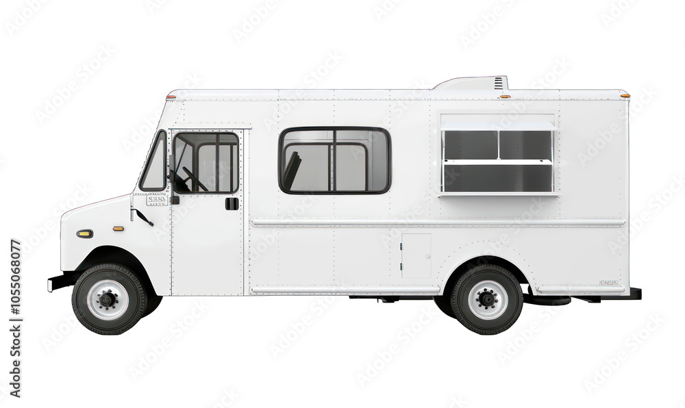 White food truck isolated on white background, side view. Mobile business and street food concept for design and print White food truck isolated on white background, side view. Mobile business and street food concept for design and print