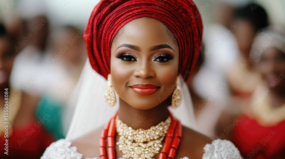 Elegant and regal woman wearing a traditional Nigerian wedding dress surrounded by her loved ones family and friends in a vibrant colorful and joyful of cultural heritage and diversity Elegant and regal woman wearing a traditional Nigerian wedding dress surrounded by her loved ones family and friends in a vibrant colorful and joyful of cultural heritage and diversity
