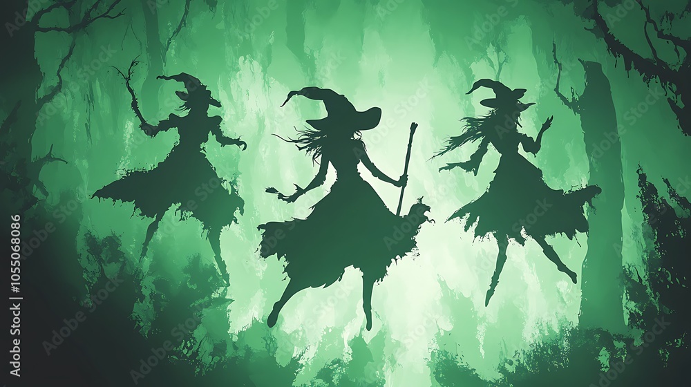 Halloween vibrant green vector backdrop with playful witch silhouettes Halloween vibrant green vector backdrop with playful witch silhouettes