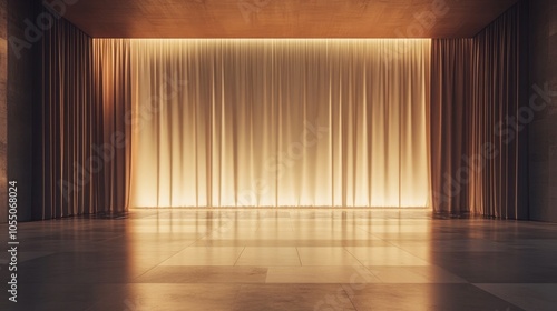 Illuminated Stage with Draped Curtains and Tiled Floor