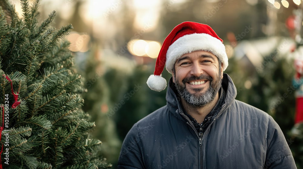 Smiling Christmas tree seller in Santa Claus hat against winter Christmas tree market background, new year, seasonal business, holiday symbol, celebration, banner, copyspace, place for text, fir trees Smiling Christmas tree seller in Santa Claus hat against winter Christmas tree market background, new year, seasonal business, holiday symbol, celebration, banner, copyspace, place for text, fir trees