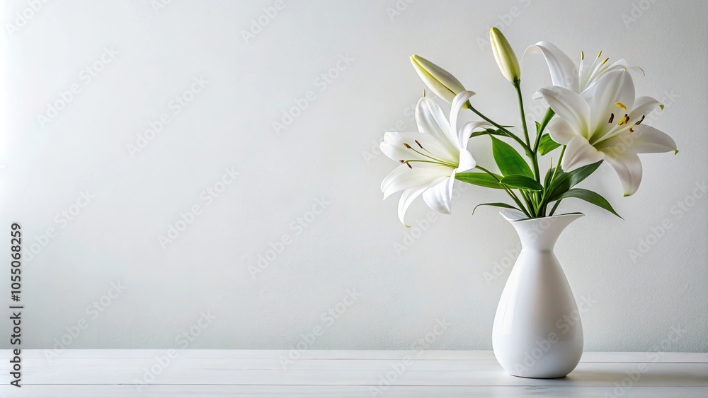 White lilies in vase on white background, panoramic view White lilies in vase on white background, panoramic view