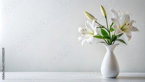 White lilies in vase on white background, panoramic view