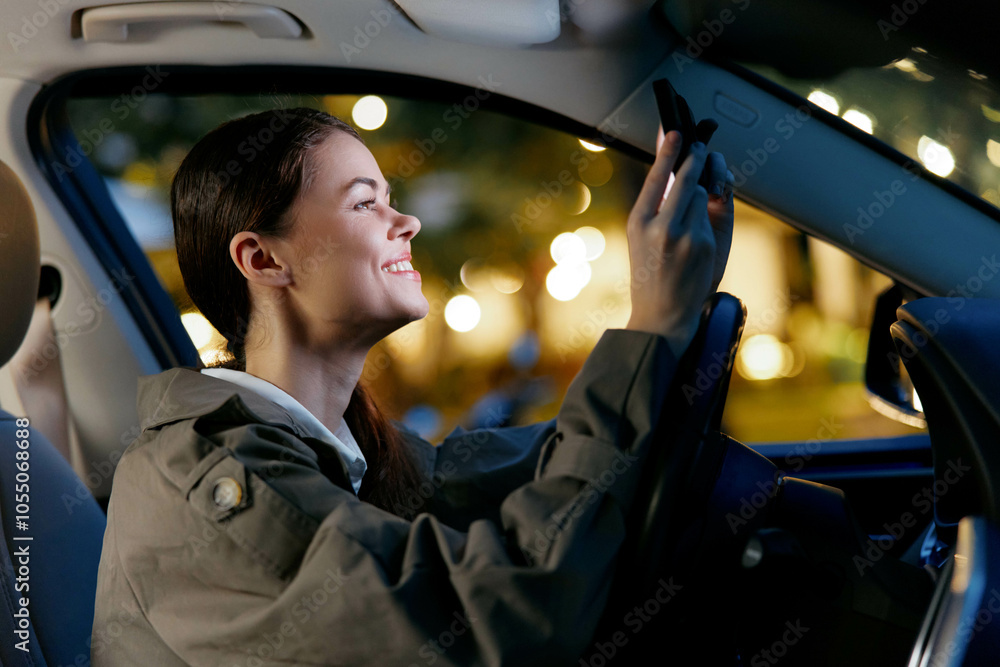 A woman, seated in the driver's seat of a car, looks at her cell phone while navigating city streets at night, with urban lights illuminating the scene and creating a sense of distraction and risk A woman, seated in the driver's seat of a car, looks at her cell phone while navigating city streets at night, with urban lights illuminating the scene and creating a sense of distraction and risk