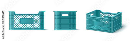 Turquoise plastic crate box. Fruit vegetable empty basket for storage. Market container for food packaging and delivery in supermarket. Cargo warehouse tray for farming grocery transportation mockup