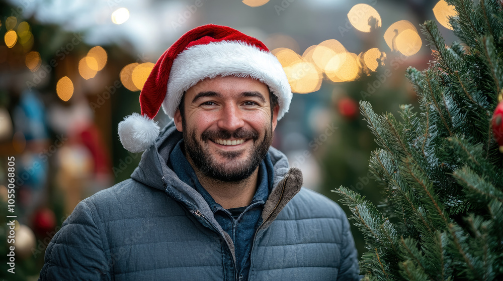 Smiling Christmas tree seller in Santa Claus hat against winter Christmas tree market background, new year, seasonal business, holiday symbol, celebration, banner, copyspace, place for text, fir trees Smiling Christmas tree seller in Santa Claus hat against winter Christmas tree market background, new year, seasonal business, holiday symbol, celebration, banner, copyspace, place for text, fir trees