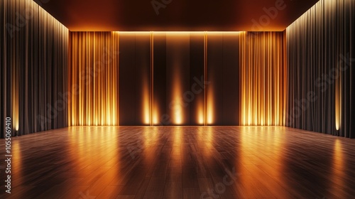 Empty Stage with Golden Curtains and Warm Lighting