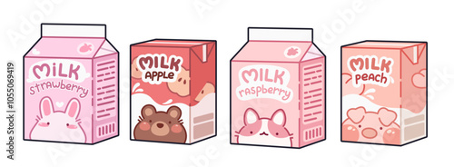 Kawaii style milk drink boxes set isolated on white background. Contemporary vector cartoon illustration of fruit dairy beverage in carton packages with cute animal characters, sweet Japanese cocktail