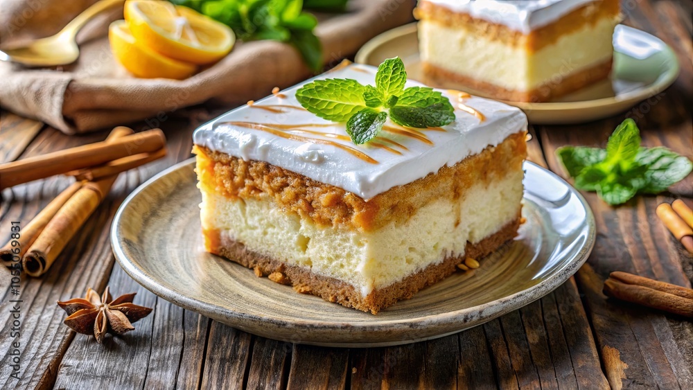 Creamy Delights A Festive Cake with Caramel Drizzles and Mint Garnishes on a Rustic Wooden Table